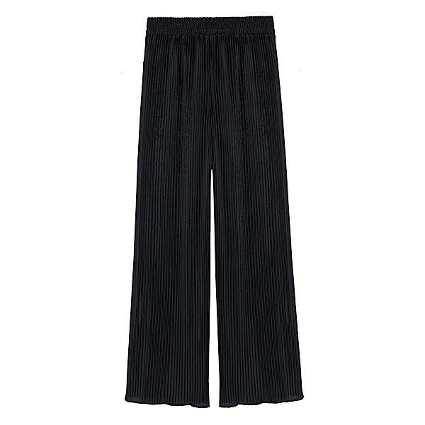 Ladies Black Plissé Wide Leg Trousers