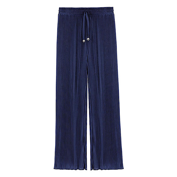 Girls Navy Plissé Wide Leg Trousers