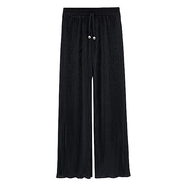 Ladies Black Plissé Wide Leg Trousers