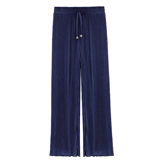 Ladies Navy Plissé Wide Leg Trousers