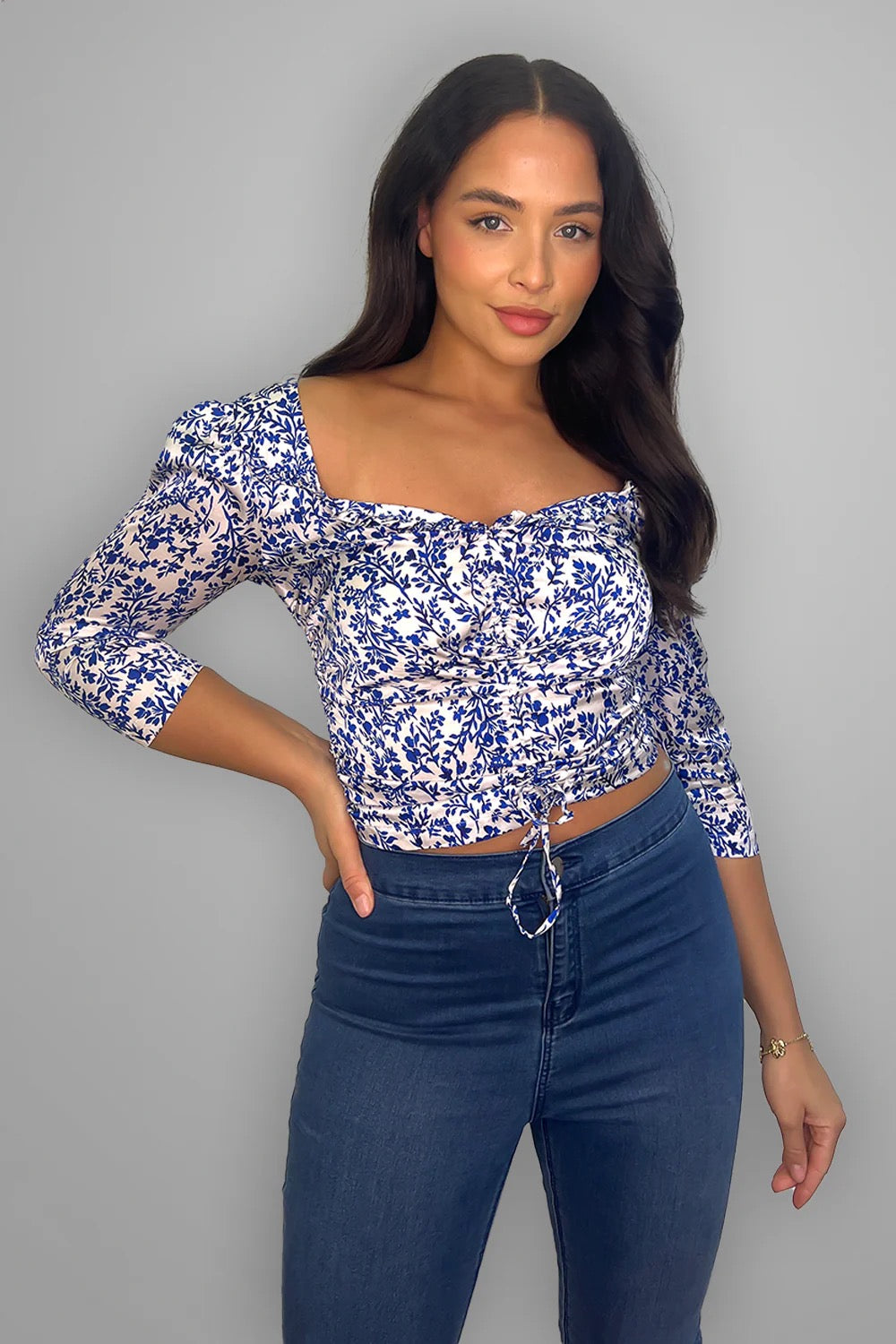 WOMEN'S BLUE WHITE FLORAL PRINT RUCHED BLOUSE
