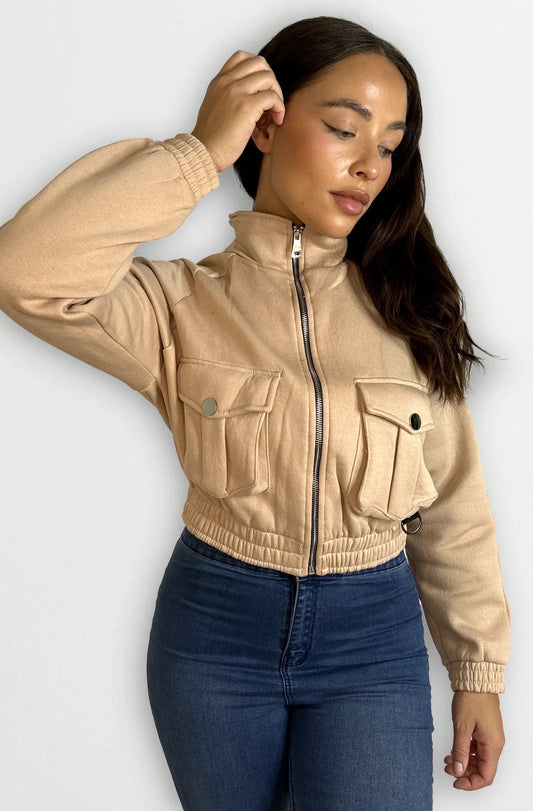 WOMEN'S FLEECED HIGH NECK LARGE POCKET CROPPED BOMBER JACKET